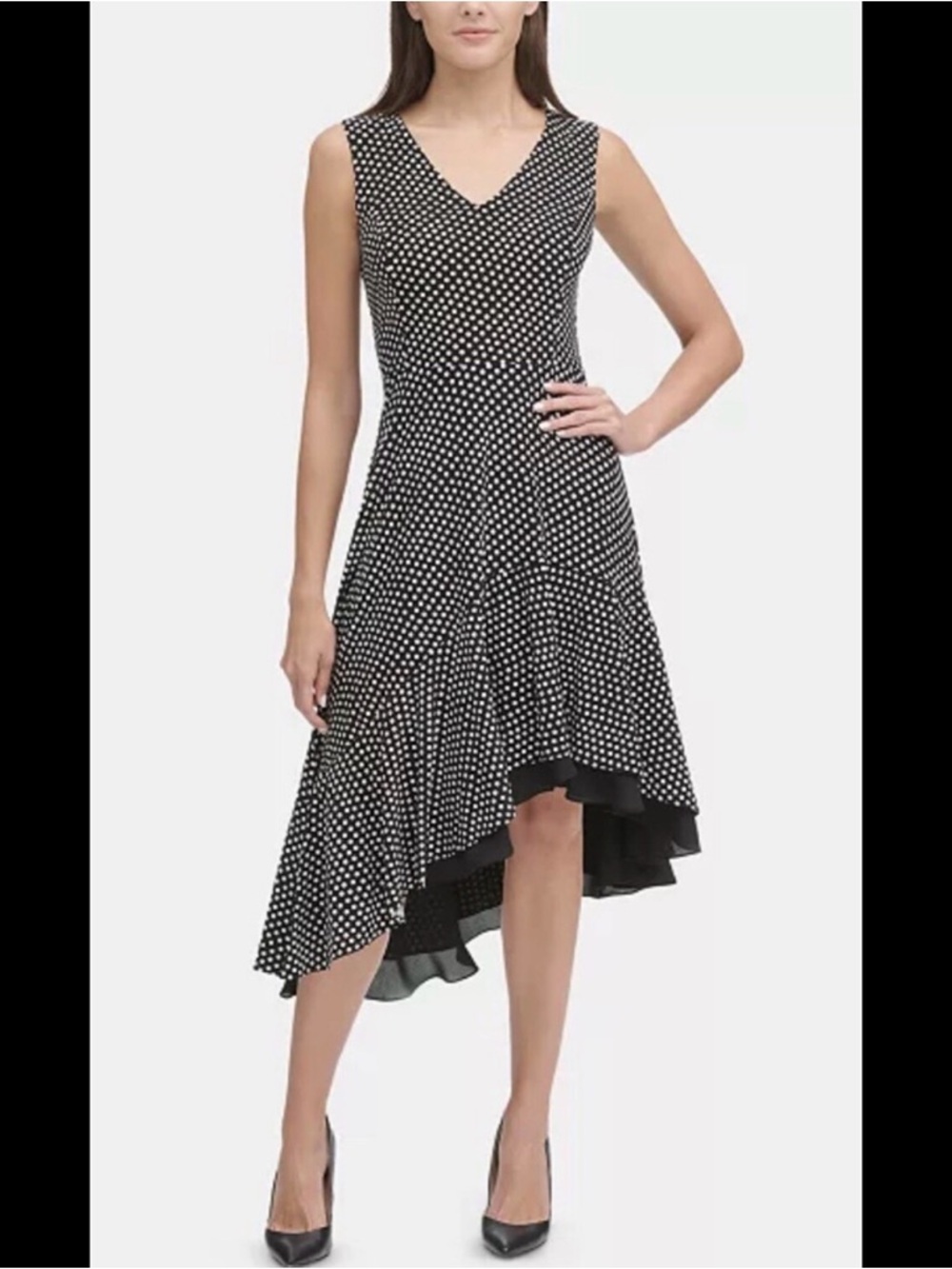 Tommy Hilfiger Black and White Polka Dot Asymmetrical Midi Dress